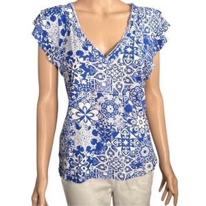 Maeve Anthropologie Blue White Tile Print V-Neck Flutter Sleeve Top Medium